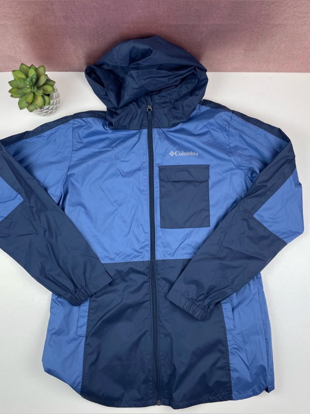 Columbia Blue Full Zip Hooded Windbreaker Jacket Boy Large 14/ 16 Casual